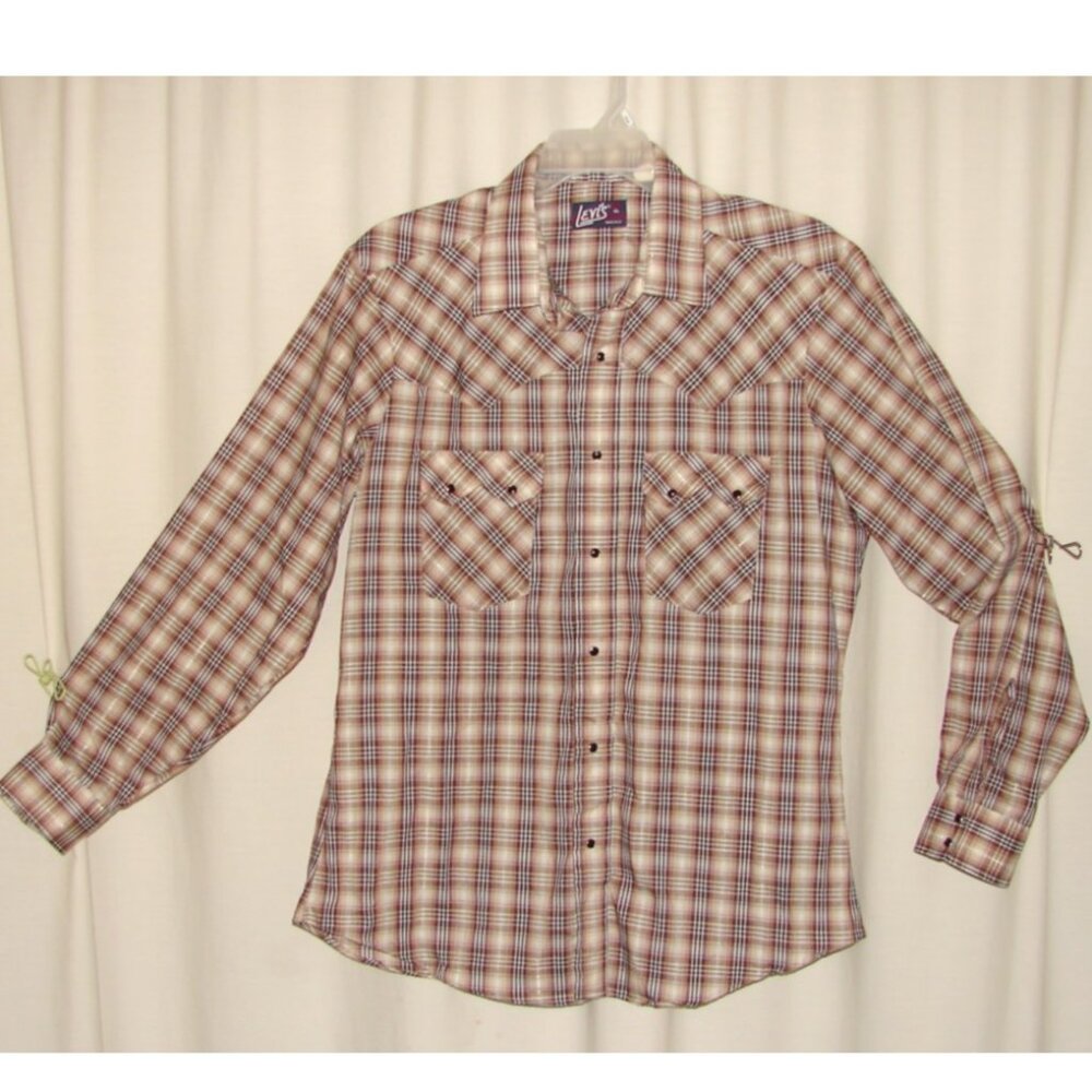 Vtg 1970-80s Levis Brown Plaid Tapered Western SHIRT, XL, Snaps, Sawtooth Pocket